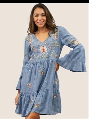 Karyn Seo Embroidered Tiered Denim Tencel Dress